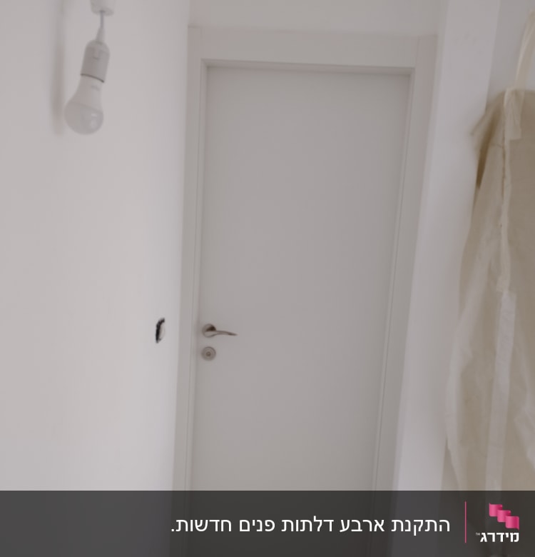 דלת לבנה עם ידית מתכת בחדר לבן
